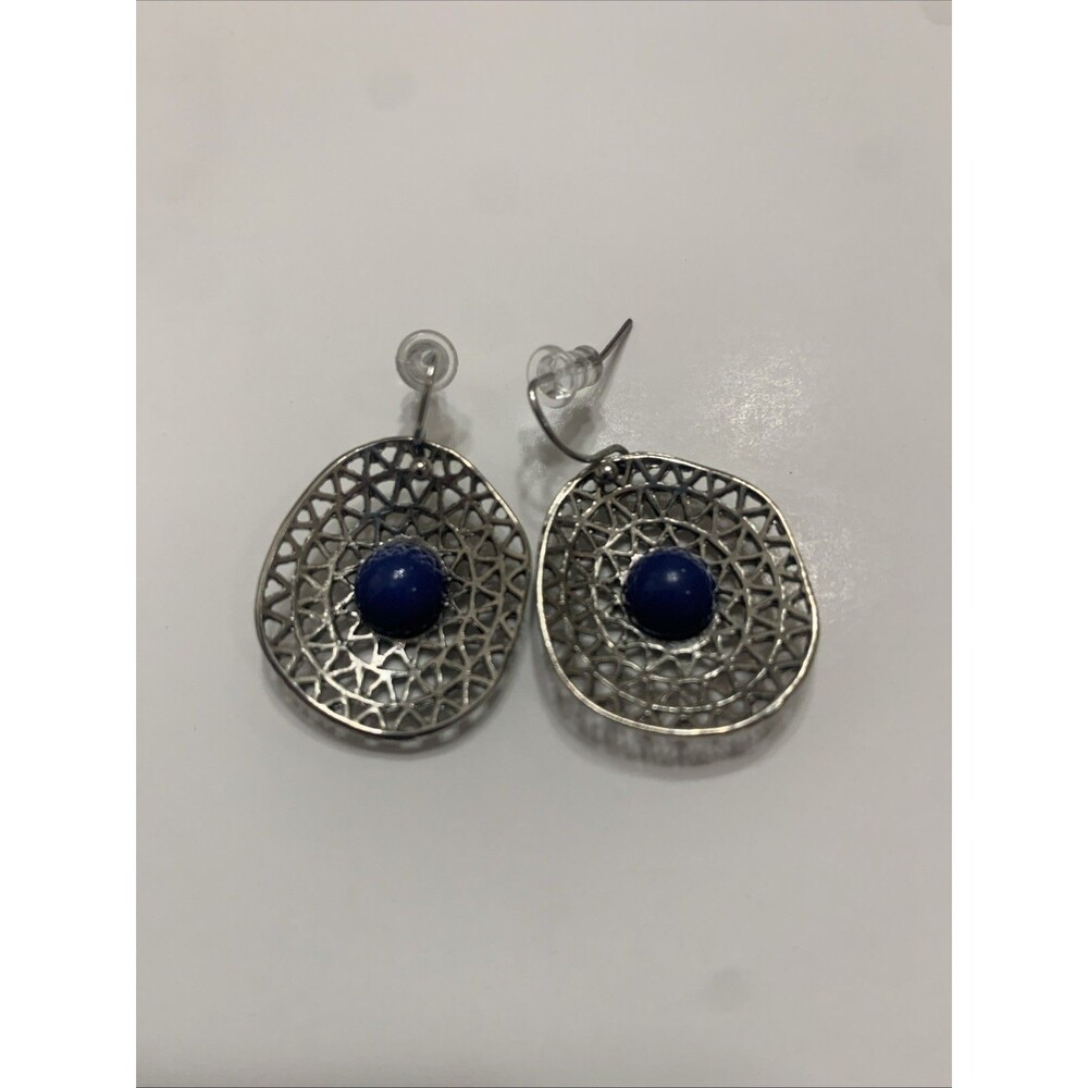 Vintage Silver Toned Metal with Blue Stone Dangle Earings